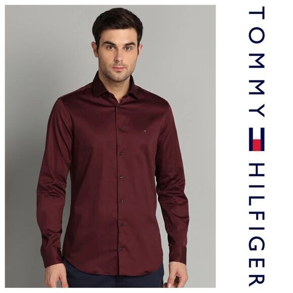 Tommy Hilfiger Button Down Shirt Slim Fit Maroon Medium Burgundy - Picture 1 of 8